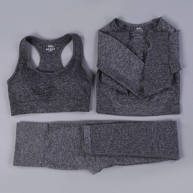 Ensemble sport femme 3 pièces sans couture – Legging, brassière et veste