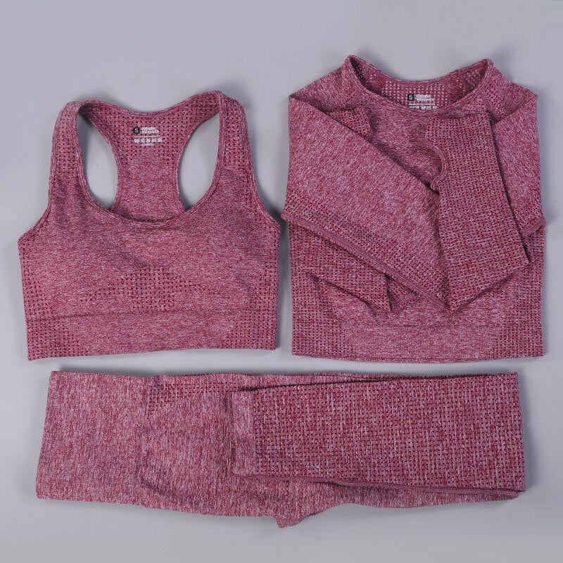Ensemble sport femme 3 pièces sans couture – Legging, brassière et veste