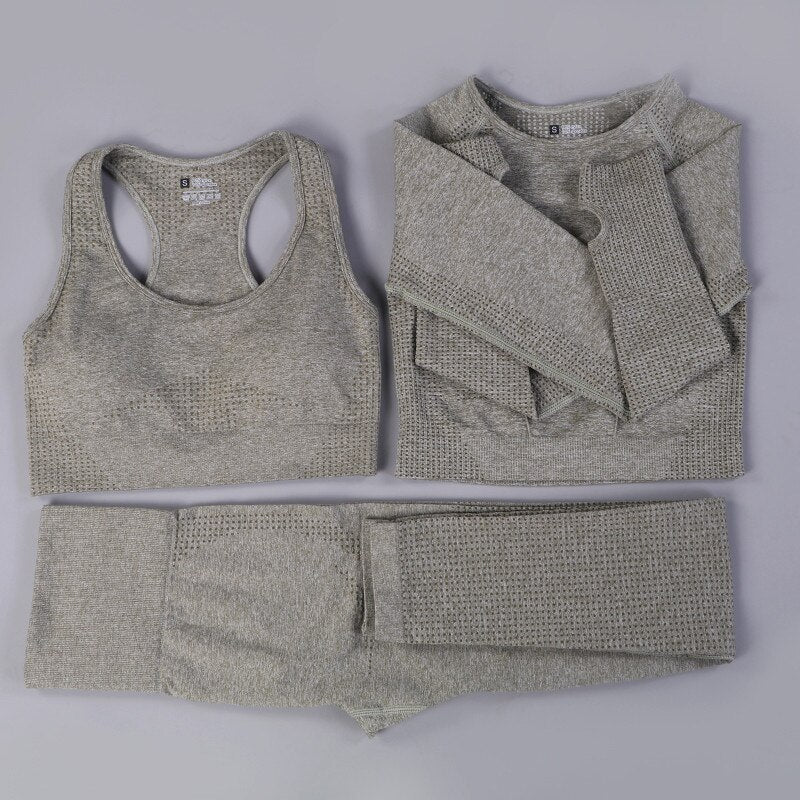 Ensemble sport femme 3 pièces sans couture – Legging, brassière et veste