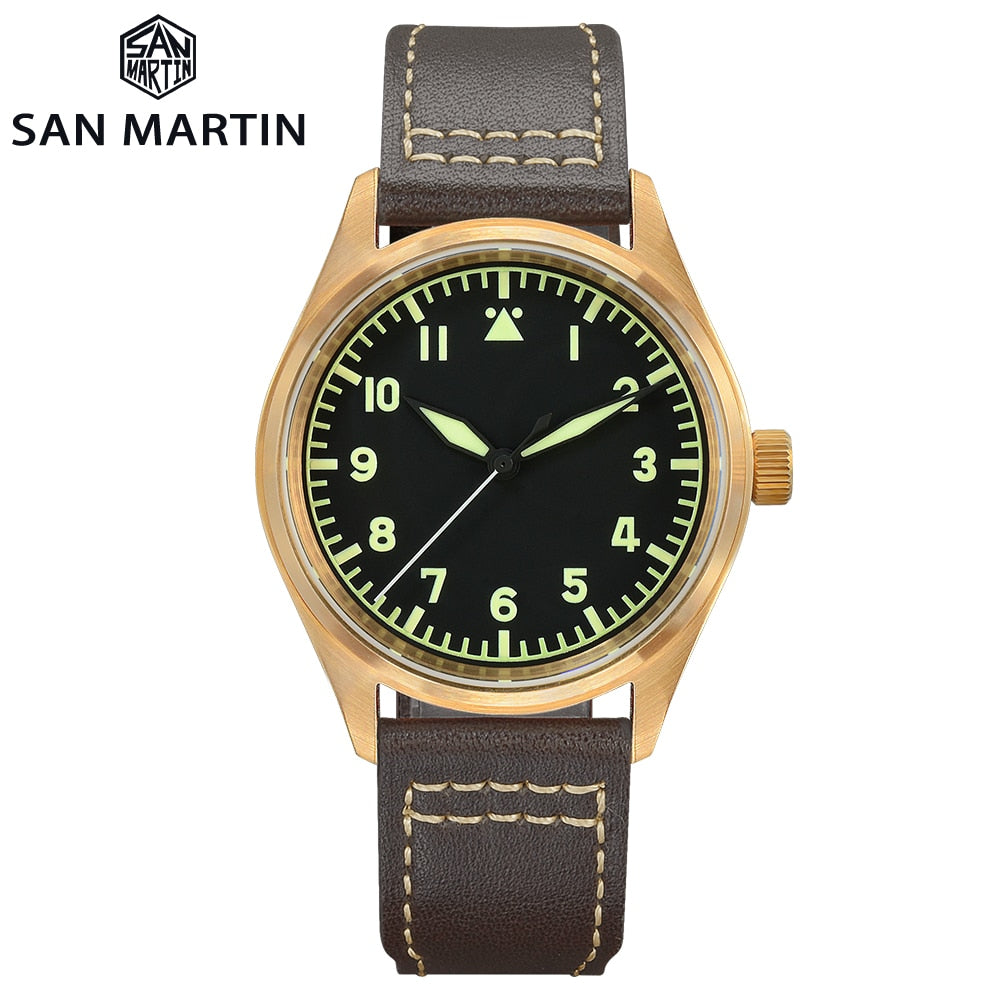 Montre pilote mécanique San Martin Bronze – Lumineux, étanche 200 m