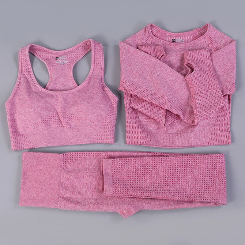Ensemble sport femme 3 pièces sans couture – Legging, brassière et veste