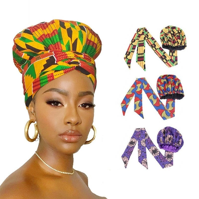 Bonnet Satin Motif Ankara - Foulard Tête Double Couche