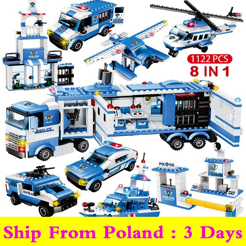 Jeu de construction 8 en 1 police – Voiture, camion et hélicoptère SWAT