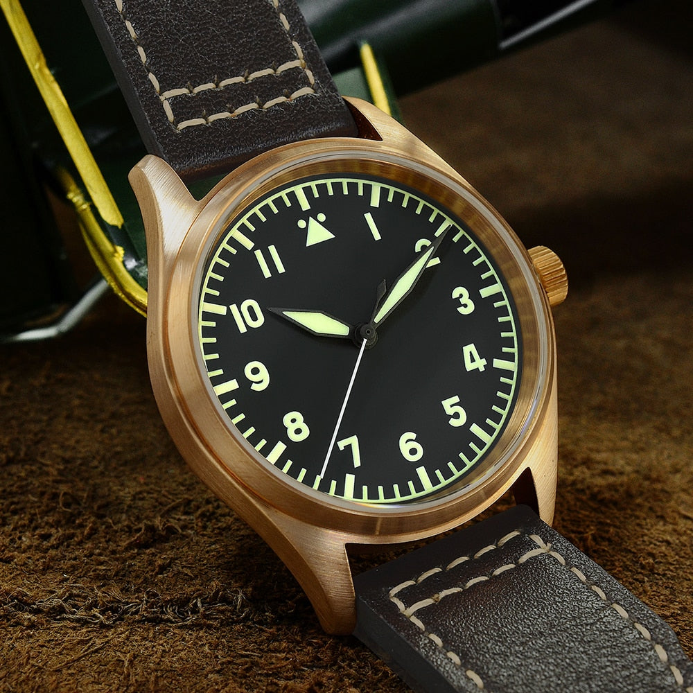 Montre pilote mécanique San Martin Bronze – Lumineux, étanche 200 m