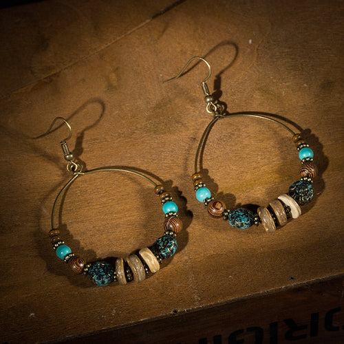 Boucles d'oreilles pendantes perles résine et bois – Style vintage femme