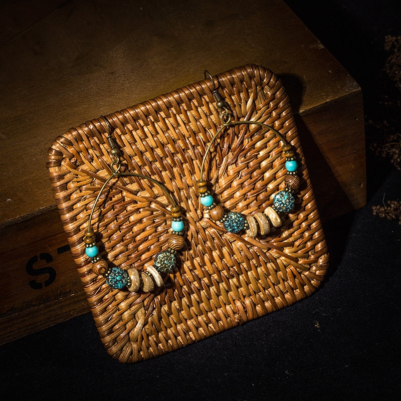 Boucles d'oreilles pendantes perles résine et bois – Style vintage femme