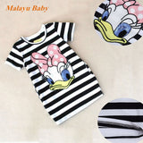 Malayu Baby Toddler Cute Girls Dresses Summer New Cotton Striped Cartoon Embroidery Casual Outfit 1-6Years Children's Clothing