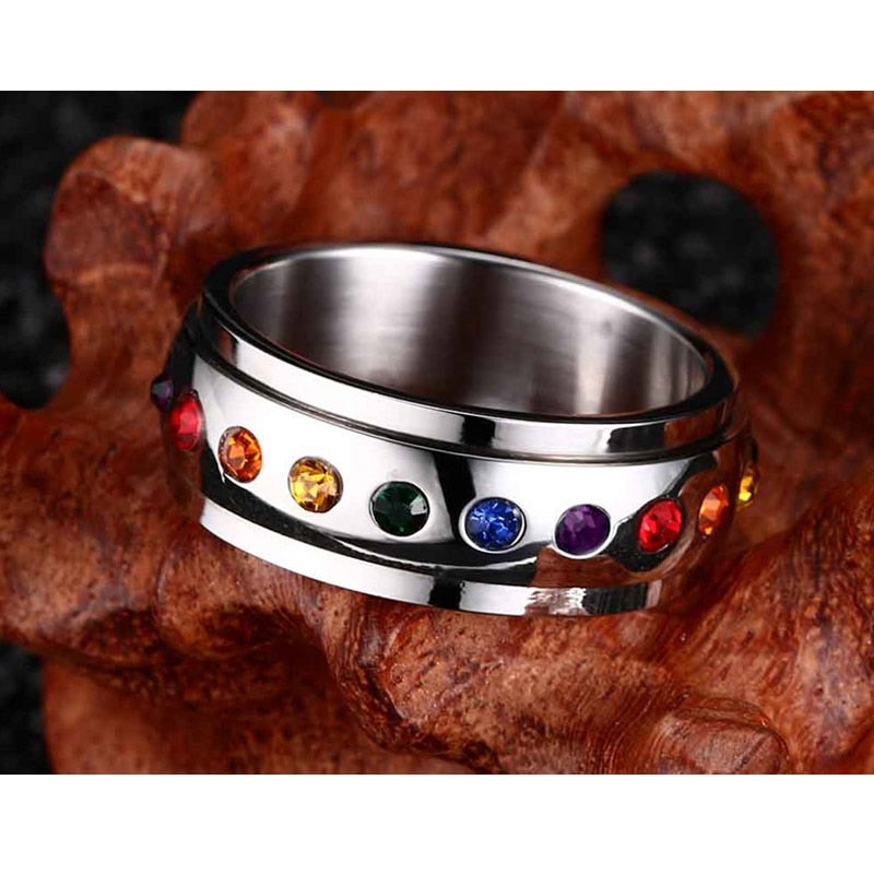 Bague tournante Vnox en acier inoxydable avec pierres arc-en-ciel femme