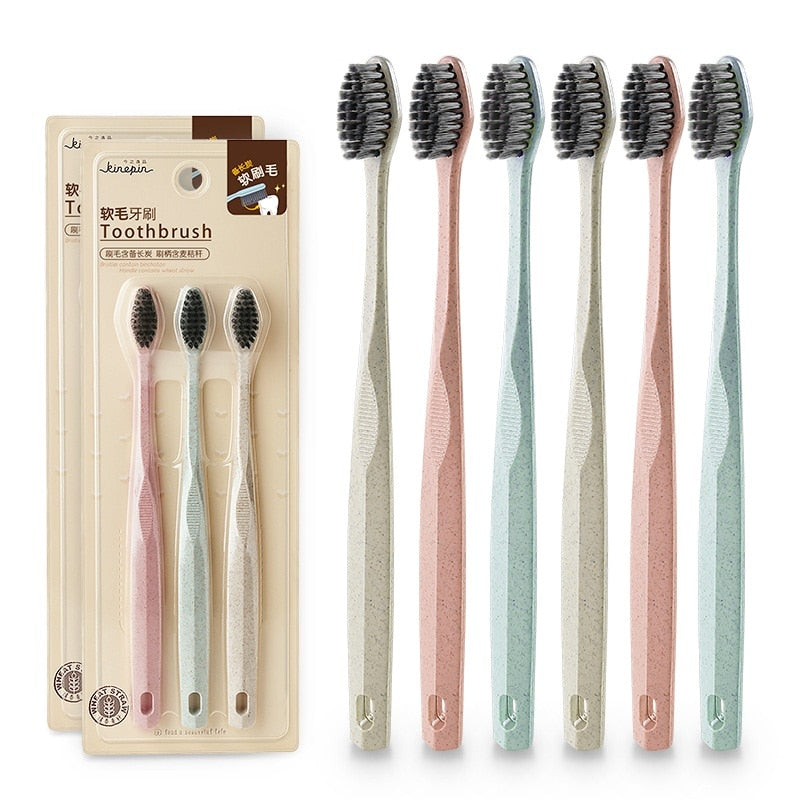 Lot de 6 brosses à dents Kinepin paille de blé – Poils charbon de bambou