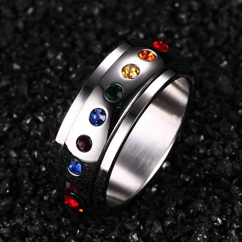 Bague tournante Vnox en acier inoxydable avec pierres arc-en-ciel femme