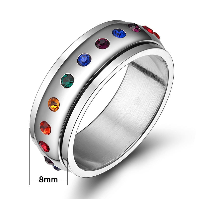 Bague tournante Vnox en acier inoxydable avec pierres arc-en-ciel femme