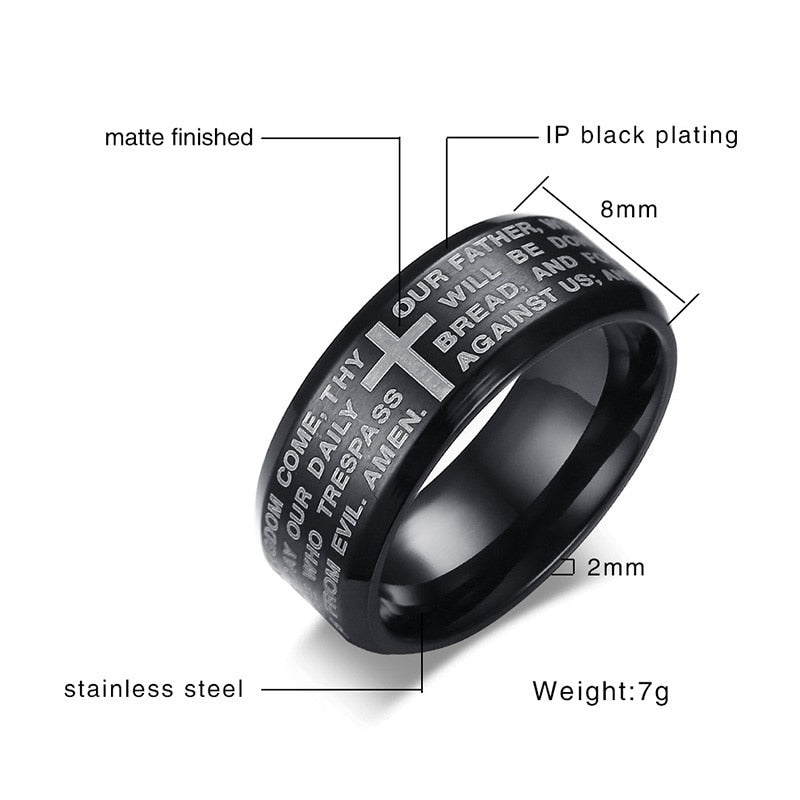Bague croix Bible gravée Vnox en acier inoxydable – Homme tailles 7 à 13