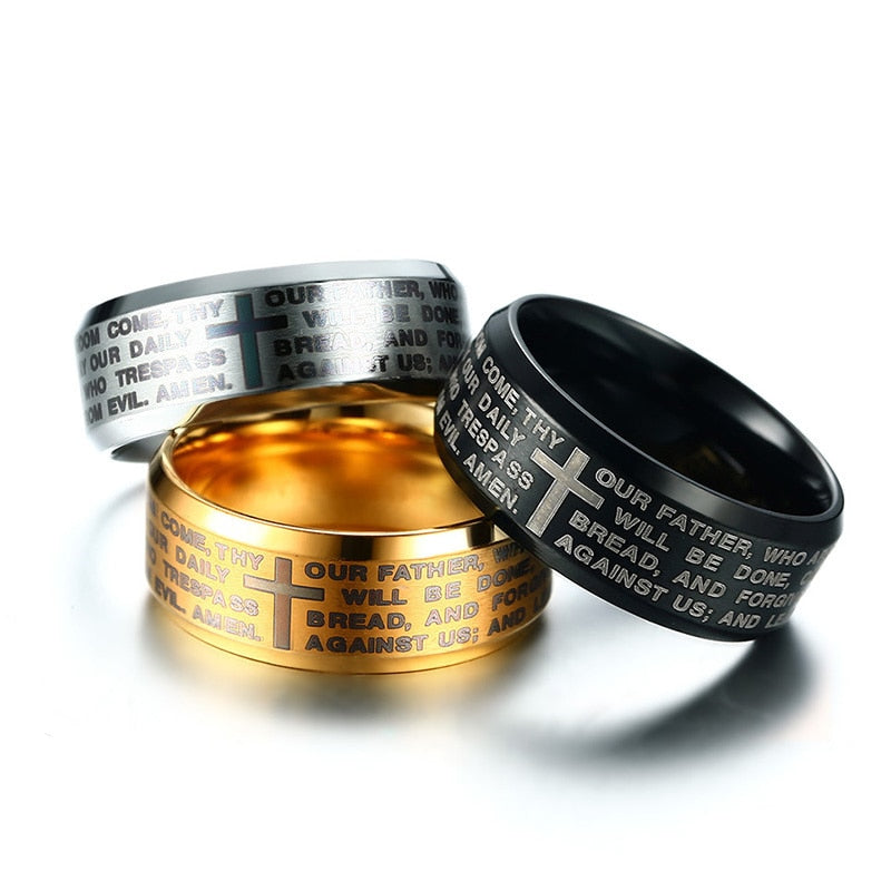 Bague croix Bible gravée Vnox en acier inoxydable – Homme tailles 7 à 13