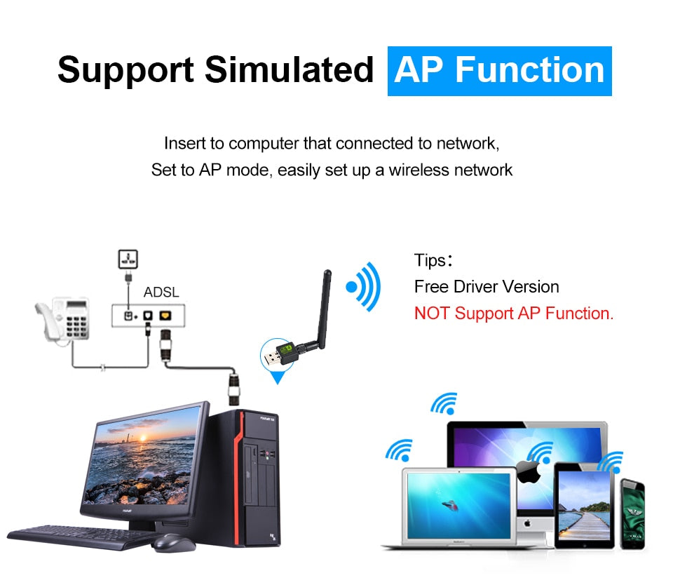 Adaptateur WiFi USB 150 Mbps avec antenne 2 dBi – Dongle réseau PC