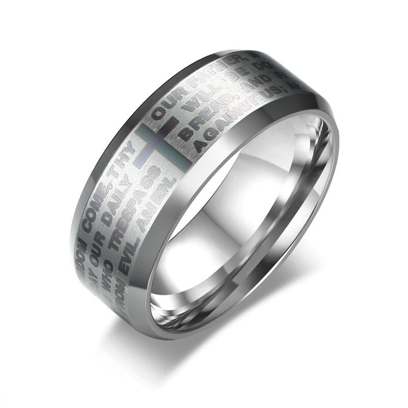 Bague croix Bible gravée Vnox en acier inoxydable – Homme tailles 7 à 13