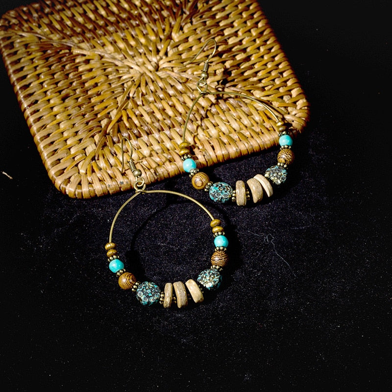 Boucles d'oreilles pendantes perles résine et bois – Style vintage femme