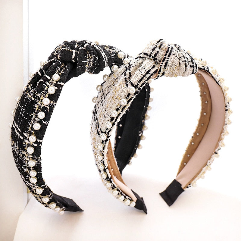 Bandeau cheveux en laine à carreaux avec nœud et perles pour femme