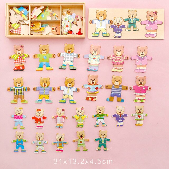 Puzzle en bois 72 pièces ours et lapin à habiller – Jouet Montessori