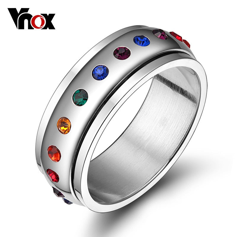 Bague tournante Vnox en acier inoxydable avec pierres arc-en-ciel femme