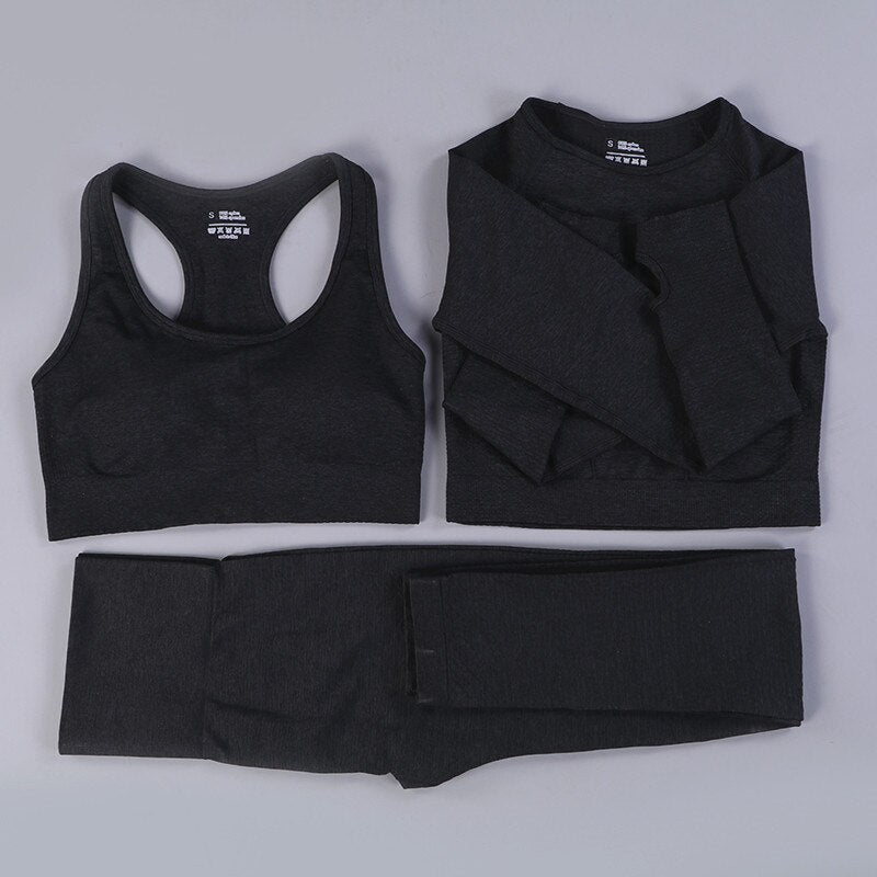 Ensemble sport femme 3 pièces sans couture – Legging, brassière et veste