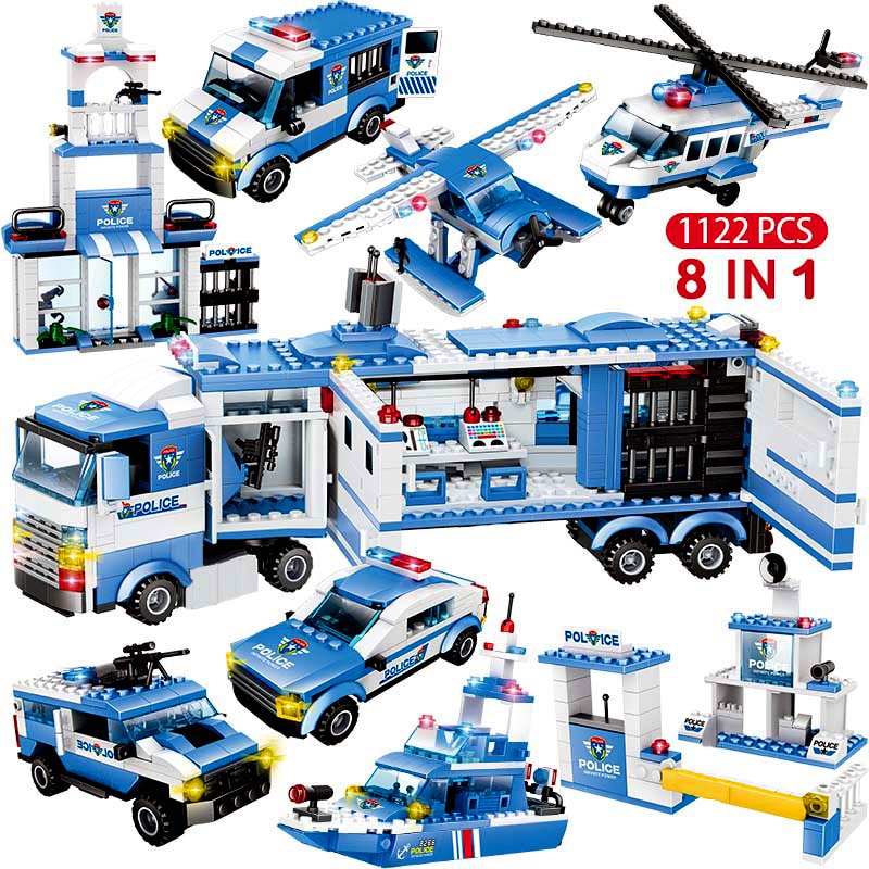 Jeu de construction 8 en 1 police – Voiture, camion et hélicoptère SWAT
