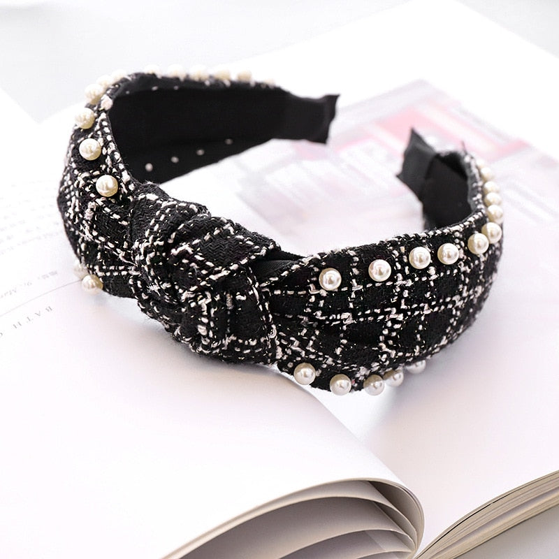 Bandeau cheveux en laine à carreaux avec nœud et perles pour femme