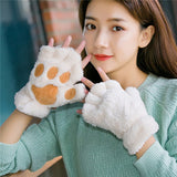 Women Bear Plush Cat Paw Claw Gloves Winter Faux Fur Cute Kitten Fingerless Mittens Gloves Christmas Halloween for Womens Girls