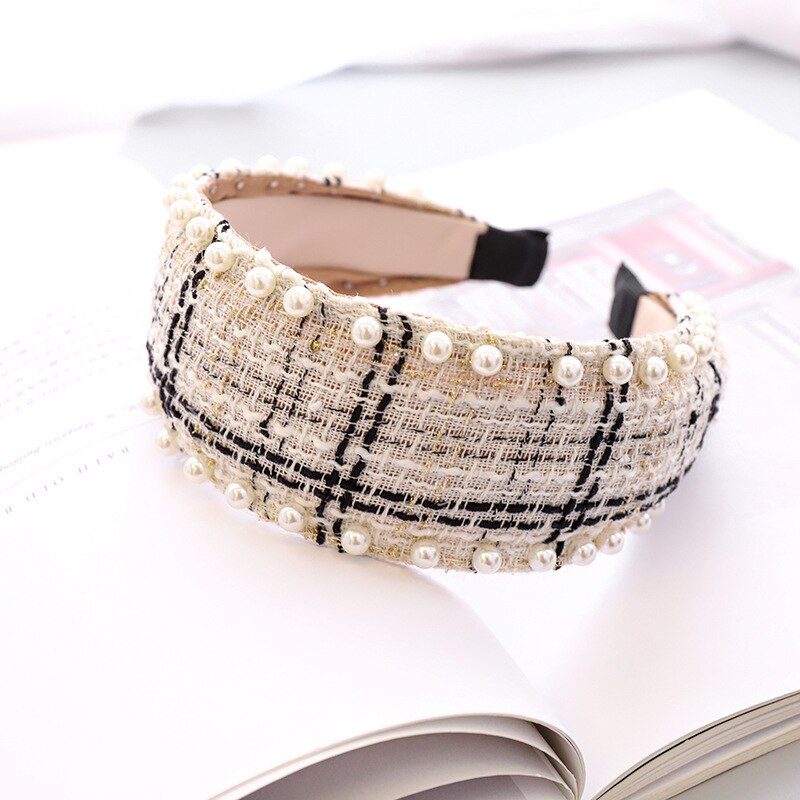 Bandeau cheveux en laine à carreaux avec nœud et perles pour femme