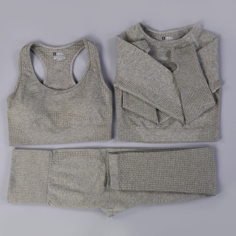 Ensemble sport femme 3 pièces sans couture – Legging, brassière et veste