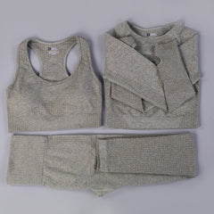 Ensemble sport femme 3 pièces sans couture – Legging, brassière et veste
