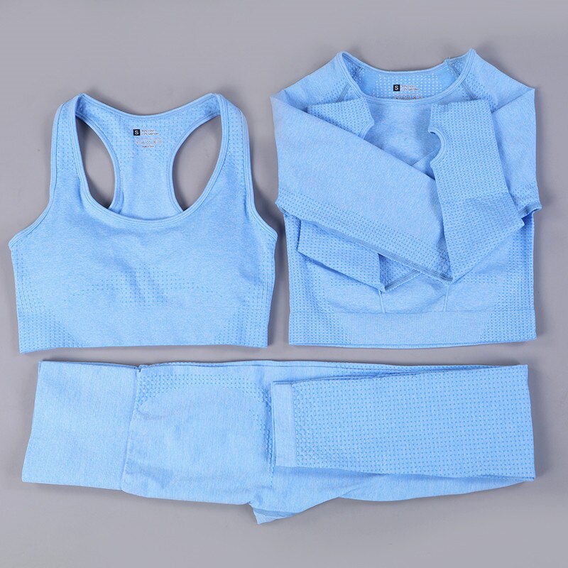 Ensemble sport femme 3 pièces sans couture – Legging, brassière et veste