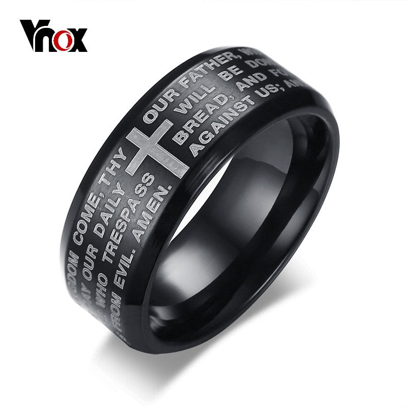 Bague croix Bible gravée Vnox en acier inoxydable – Homme tailles 7 à 13