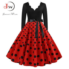 Women Long Sleeve Vintage Polka Dot Dress Pin Up Gothic Winter New Year Party Dresses 3XL Black Vestidos