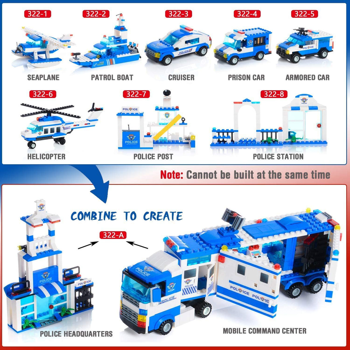 Jeu de construction 8 en 1 police – Voiture, camion et hélicoptère SWAT