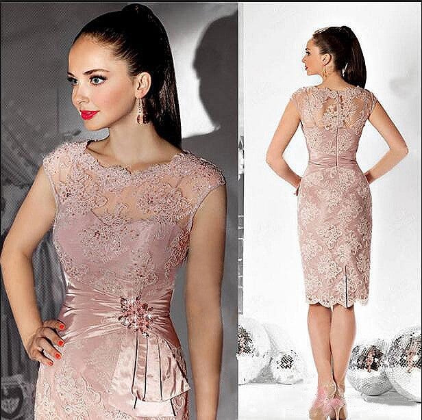 Robe pour mère de la mariée en Satin, Rose poussiéreux, demi-manches, courte, robe d'invité de fête de mariage en dentelle perlée, robe de bal élégante pour Banquet
