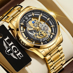 New Men Watch Skeleton Quartz Wristwatch Gold Skeleton Retro Man Watch Top Brand Luxury Clock Mens Watches Reloj Hombre