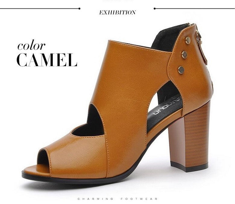 Sandales à talons hauts épais pour femmes, chaussures à plateforme, bout ouvert, Sexy, avant ajouré, talons d'été, noir, marron, nouvelle collection 2020