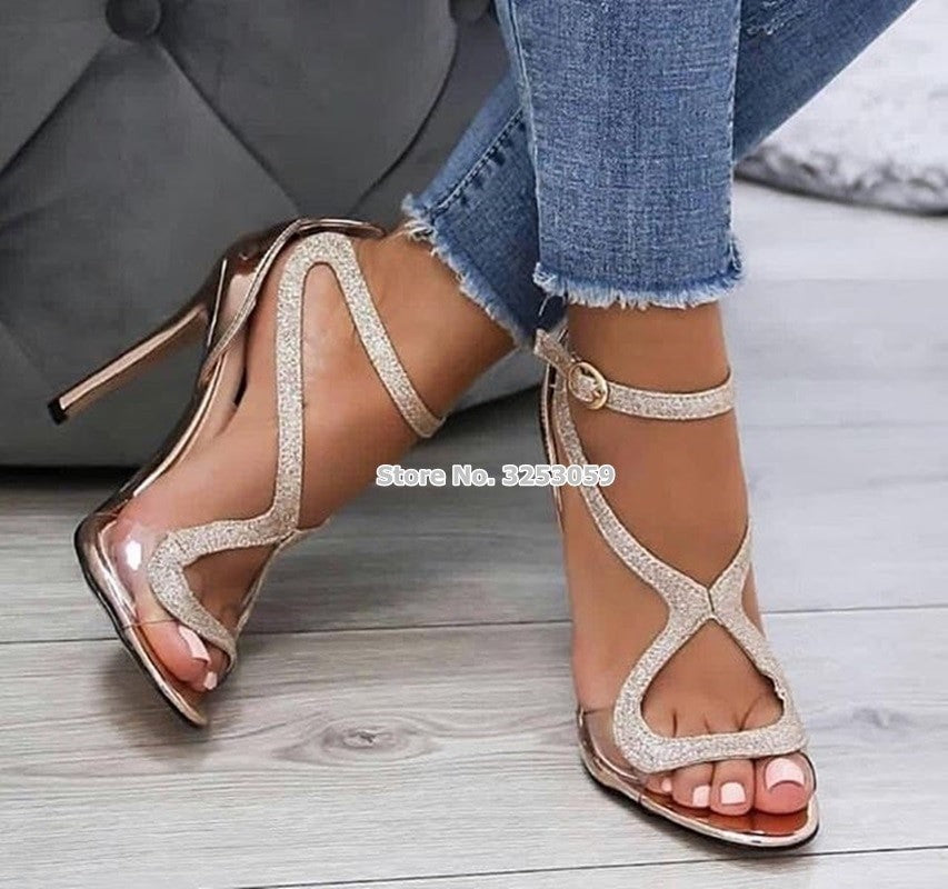 ALMUDENA-sandales à bretelles croisées en PVC pour femme, chaussures à paillettes, transparence en PVC, transparentes, avec boucle en Patchwork