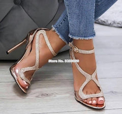ALMUDENA-sandales à bretelles croisées en PVC pour femme, chaussures à paillettes, transparence en PVC, transparentes, avec boucle en Patchwork