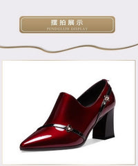 Escarpins à talons hauts en cuir verni souple pour femmes, chaussures à talons épais, à la mode, à bout pointu, noir, vin, rouge, nouvelle collection automne 2020