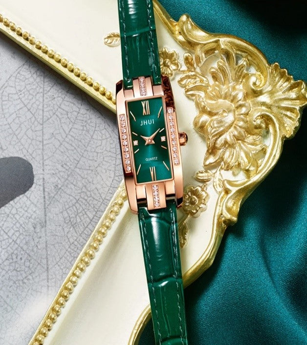 Montres de luxe pour femmes, carré, Rose, or, montre-bracelet en cuir vert, mode, horloge à Quartz, cadeaux